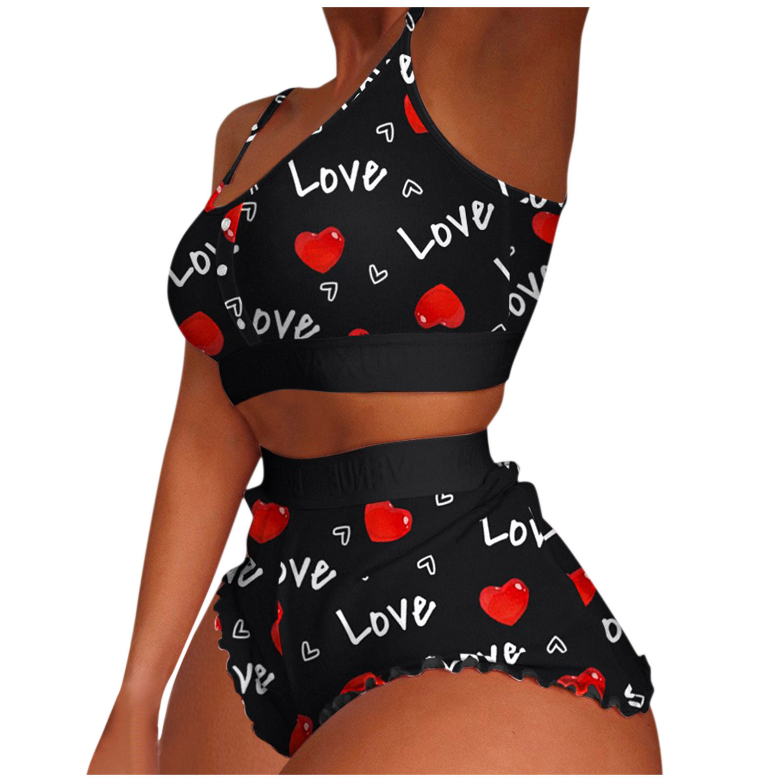 Short Sets For Women Outfit Sexy Printing Pajamas Sleeveless Cami Shorts Lingerie Sleepwear Set Black L